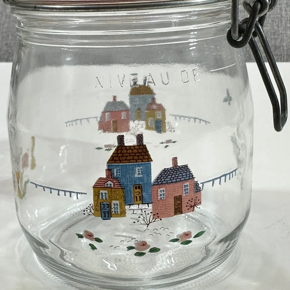 ARC France Glass Canister Heartland Farm Scene Set 2 3/4L Clear Clamp Lid Jar